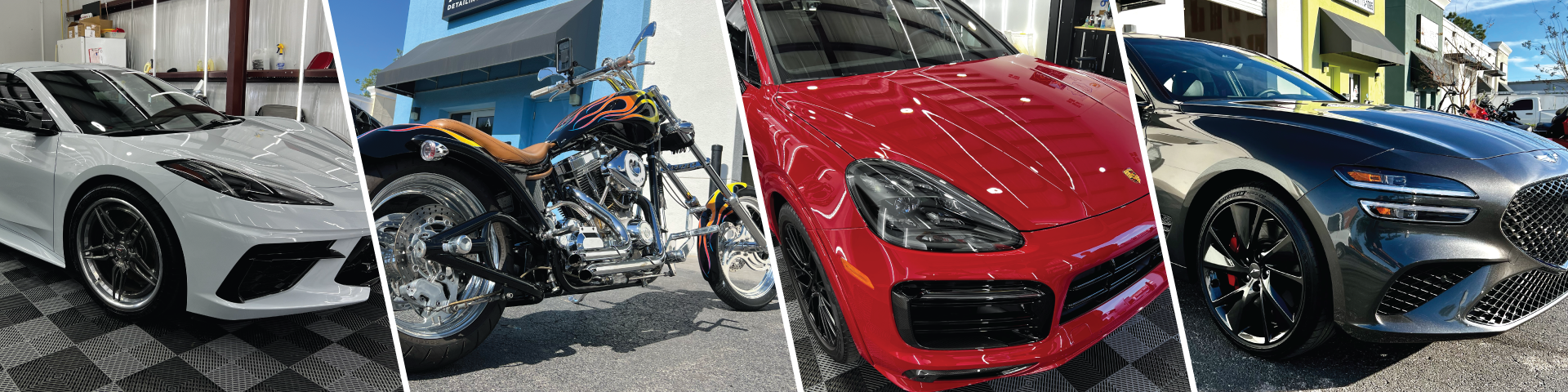 A collage of four pictures of cars and a motorcycle.