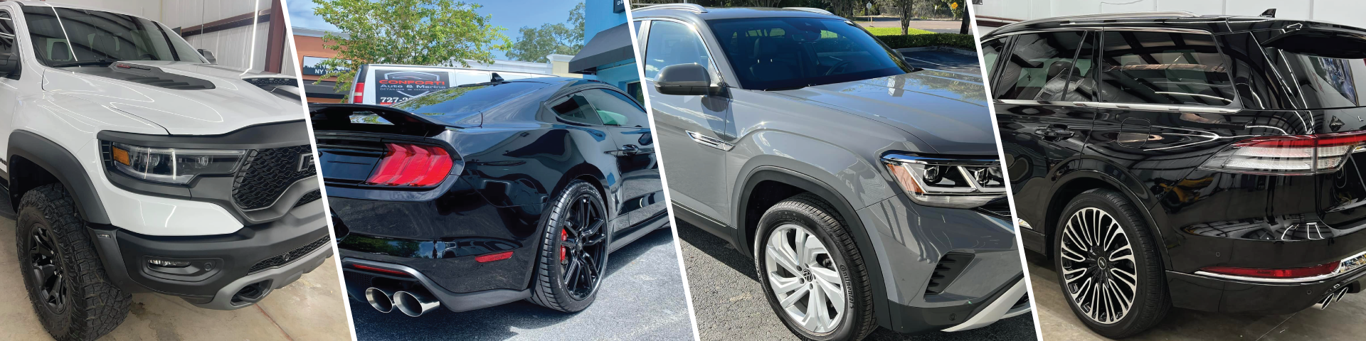 A collage of four pictures of different types of cars.