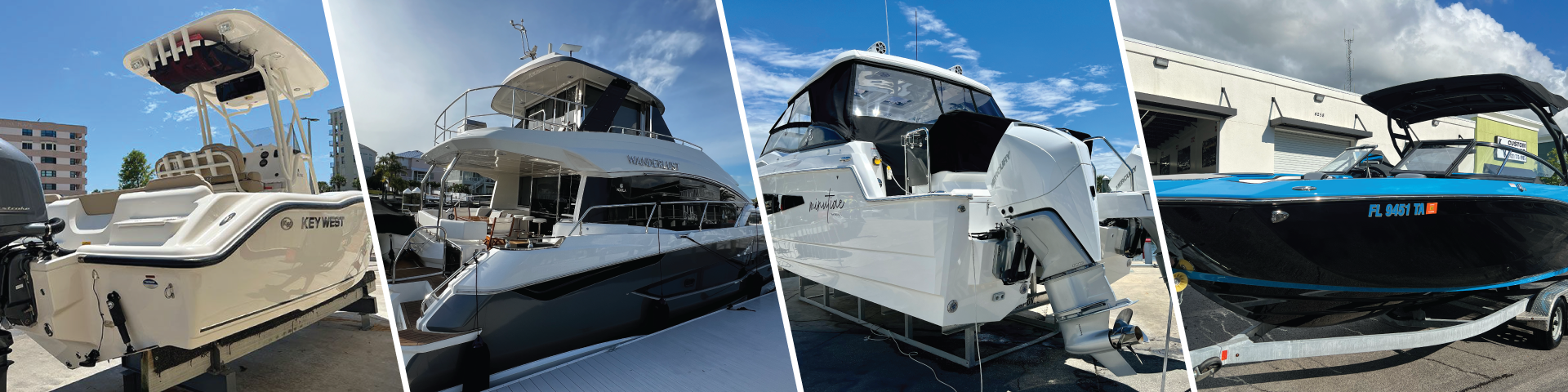 A collage of four pictures of different types of boats.