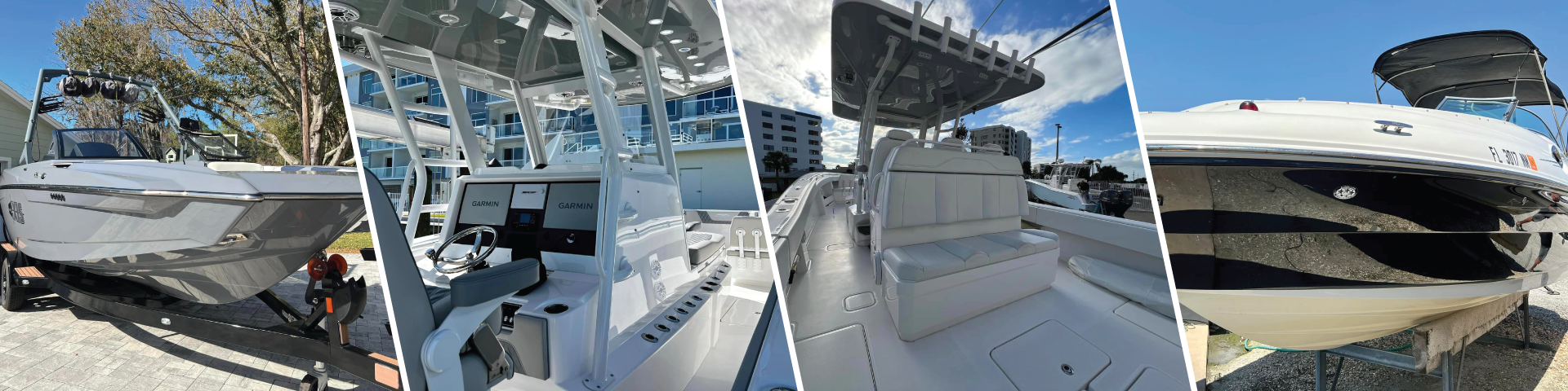 A collage of four pictures of different types of boats.