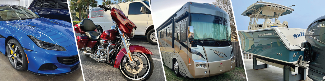 A collage of pictures of a car , motorcycle , rv , and boat.