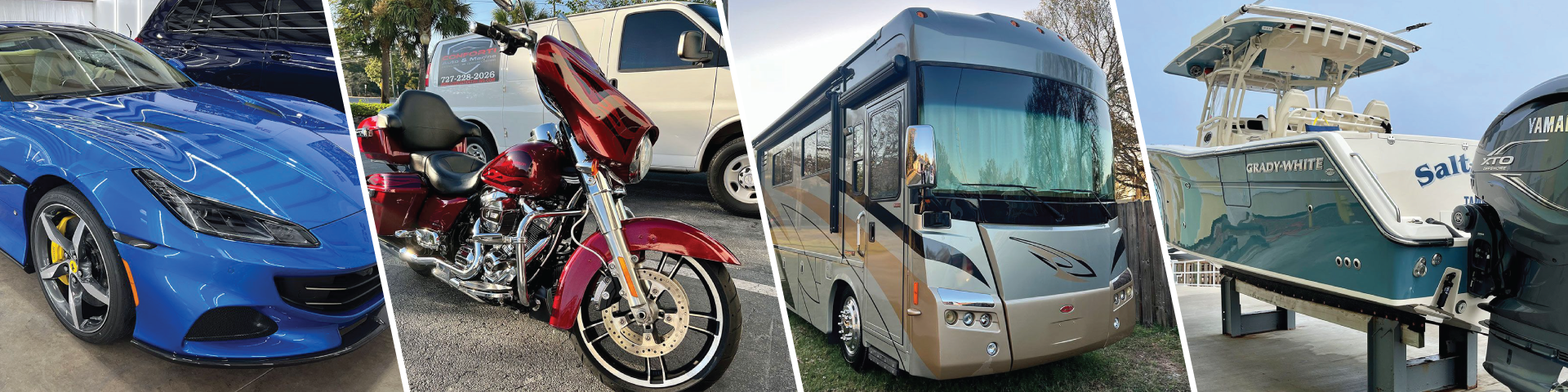 A collage of pictures of a car , motorcycle , rv , and boat.