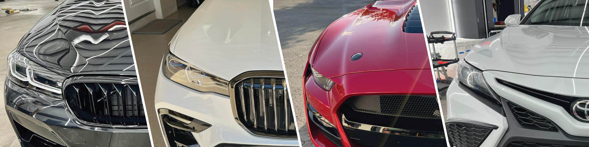 A collage of four pictures of a red , white , and black car.