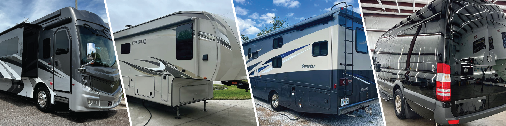 A collage of four pictures of a rv and a van.