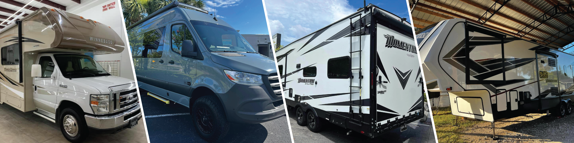 A collage of four pictures of different types of rvs.