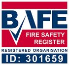 BAFE Fire Safety Register logo with checkmark and ID: 301659. Red, white, and blue colors. 