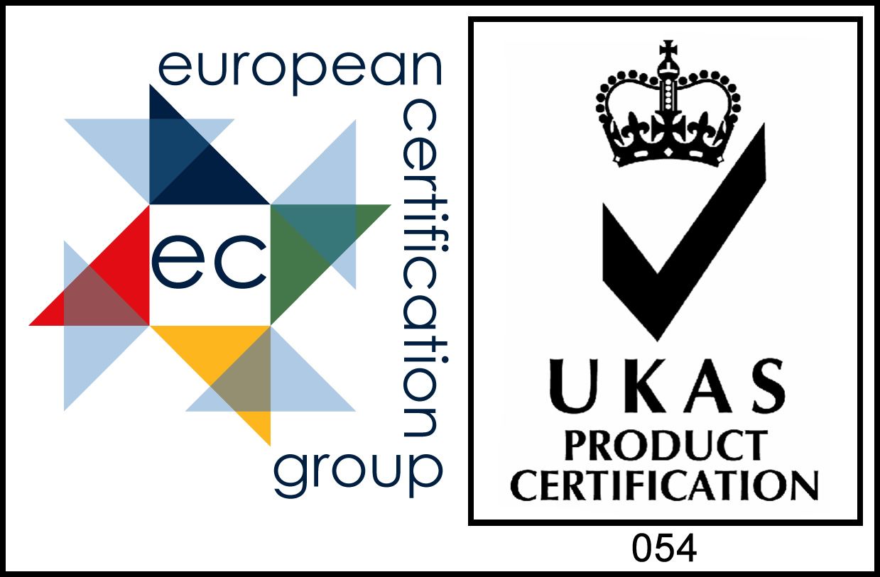 Logos for European Certification Group and UKAS Product Certification.