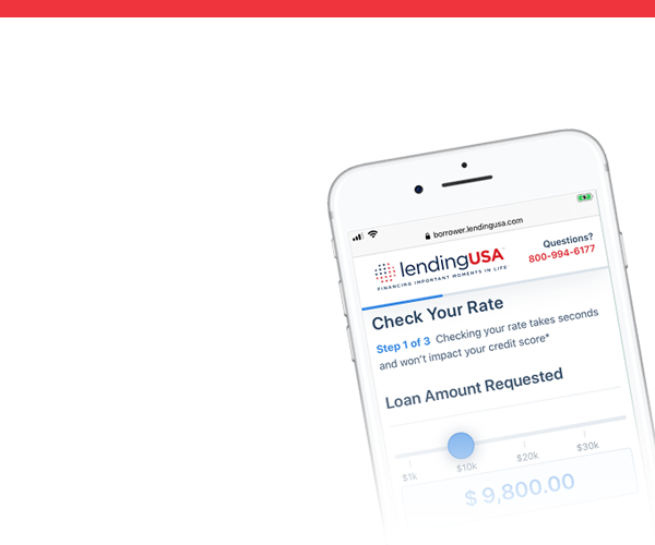 Smartphone displaying lendingusa.com: user checks loan rate by selecting loan amount.