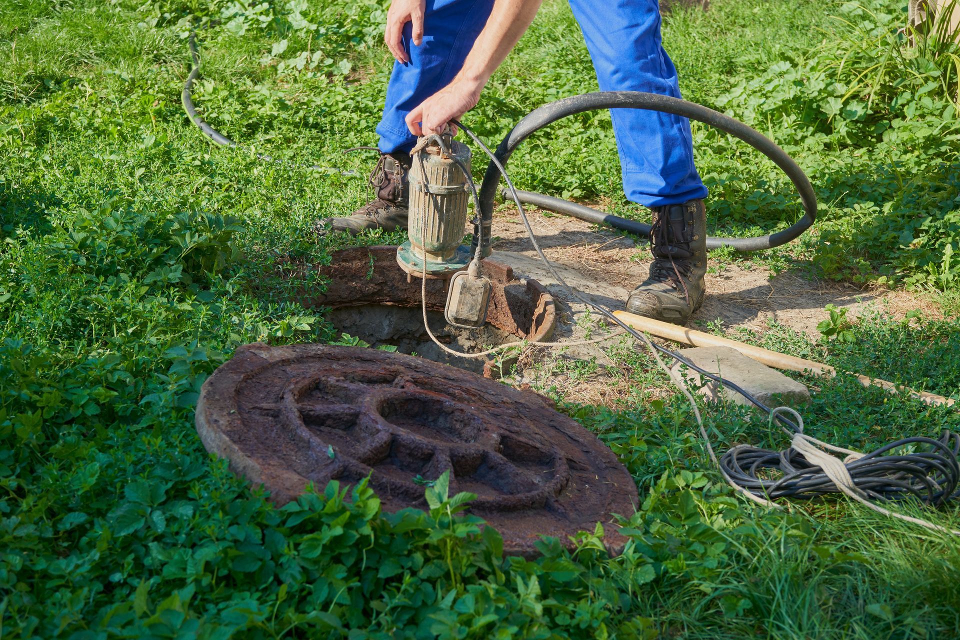 Worker in blue pants using a tool near a rusty metal pipe cover in a grassy field