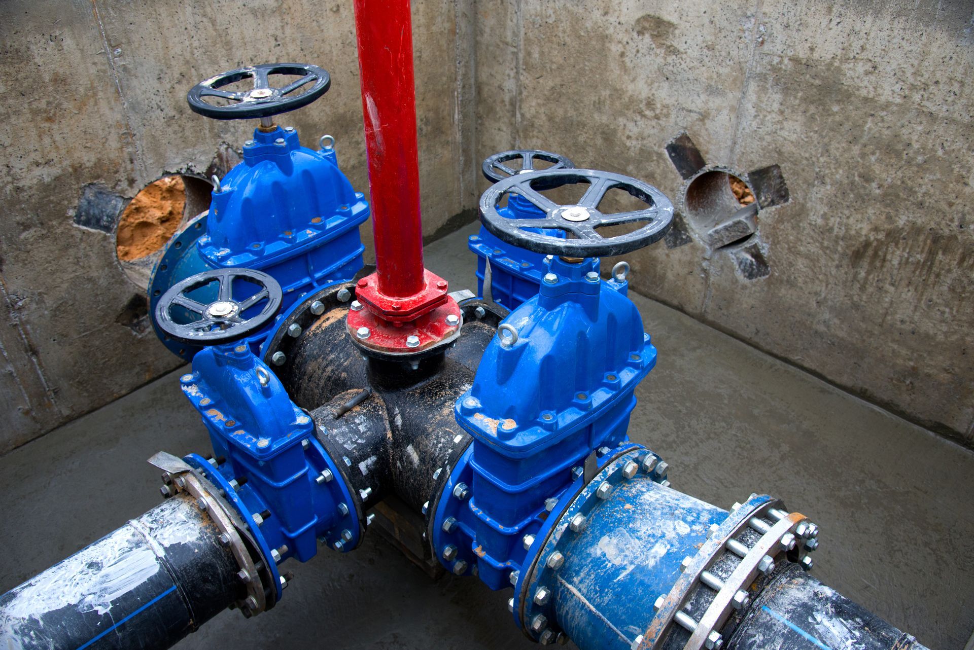 Blue industrial valves connected to large pipes in a concrete utility chamber, with a red vertical pipe center.