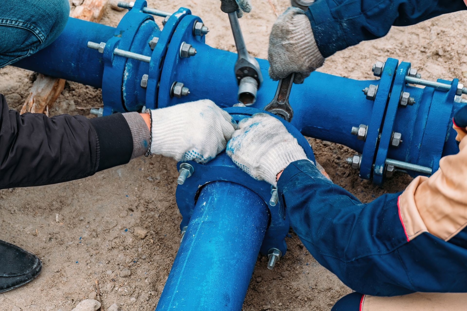 Workers joining blue pipeline sections underground with bolts and gloves