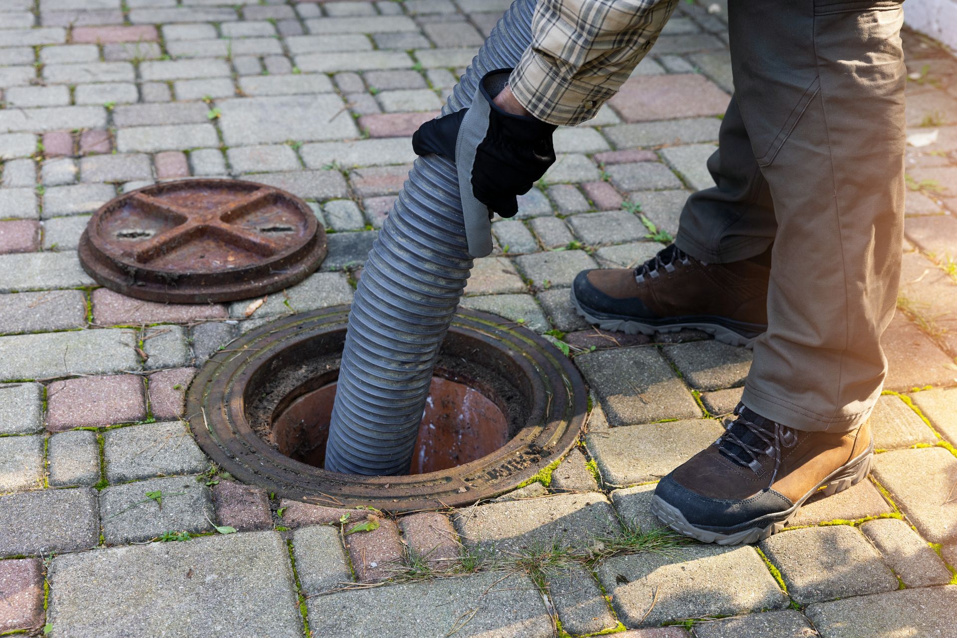 Worker cleaning a manhole with a hose on a cobblestone street