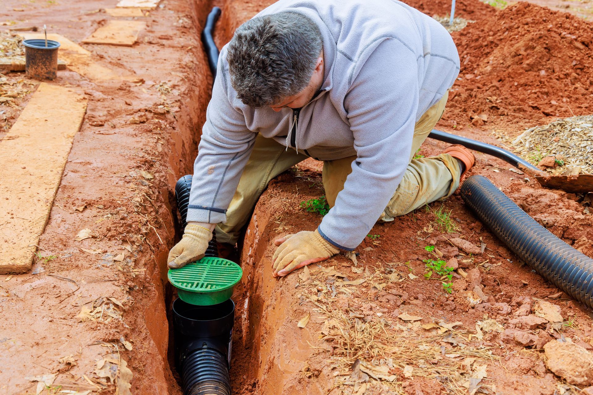 Worker fitting a green cap on a black pipe in a dirt trench at a construction site