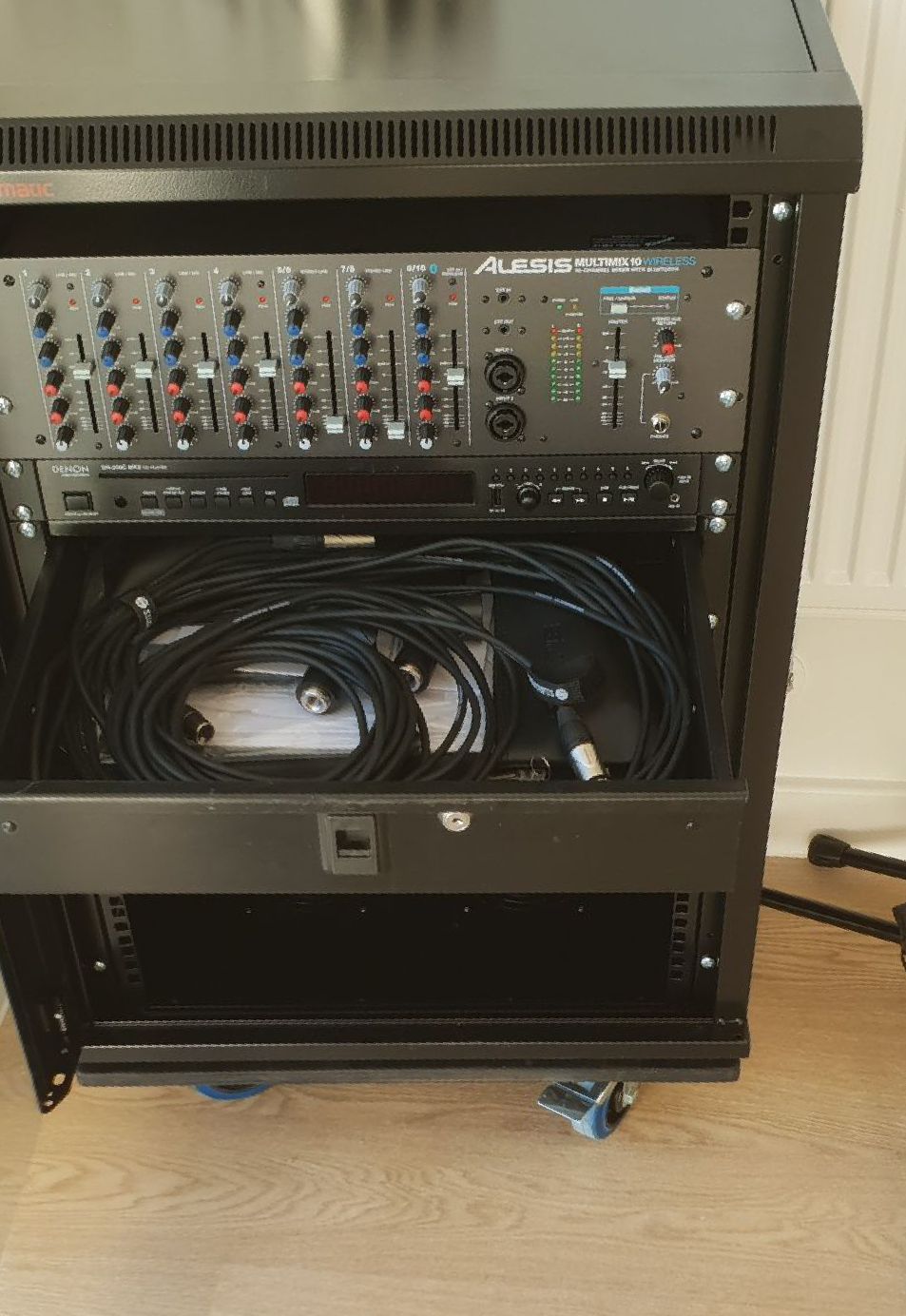 A close up of a sound system installation in a venue