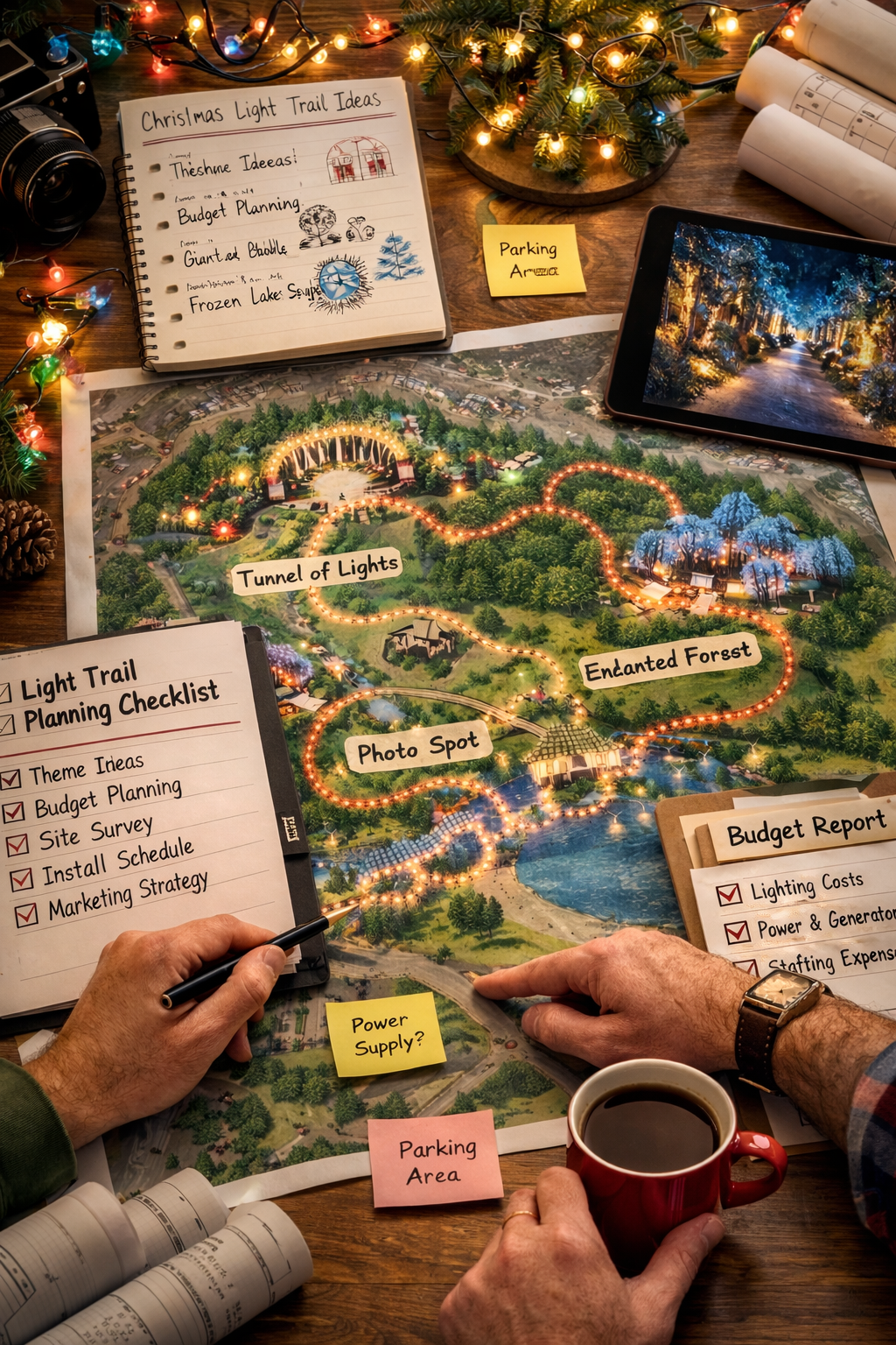 Person planning a Christmas light trail with maps, sketches, and notes, showing early event design and layout.