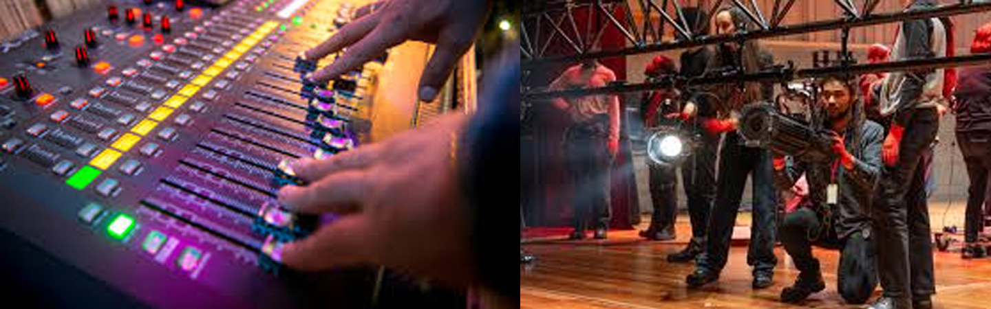 Koncept Productions Ltd Technical Training Services with hands on a sound mixing desk and a team learning to focus stage lighting fixtures