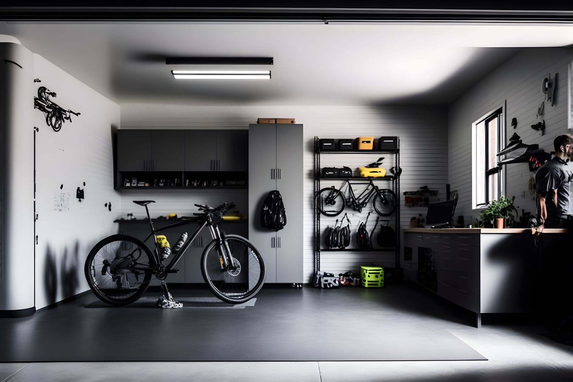 An impeccably organized and modern garage showcasing a clean aesthetic.