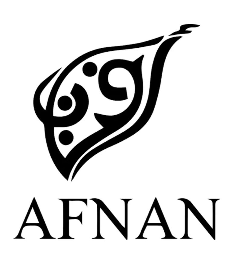 Zwart, gestileerd bladlogo met Arabische kalligrafie boven het woord 