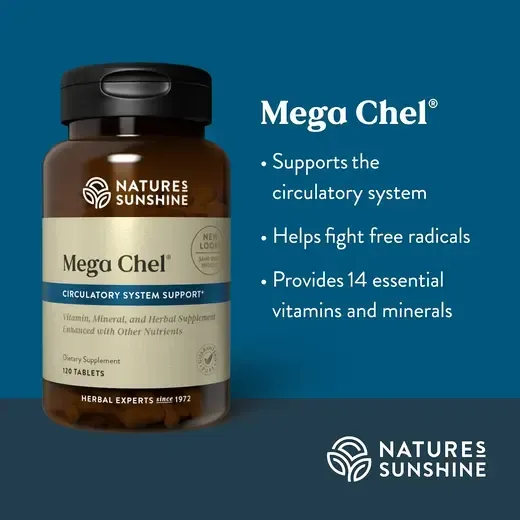 brown bottle with blue back ground  with Mega Chel on label
