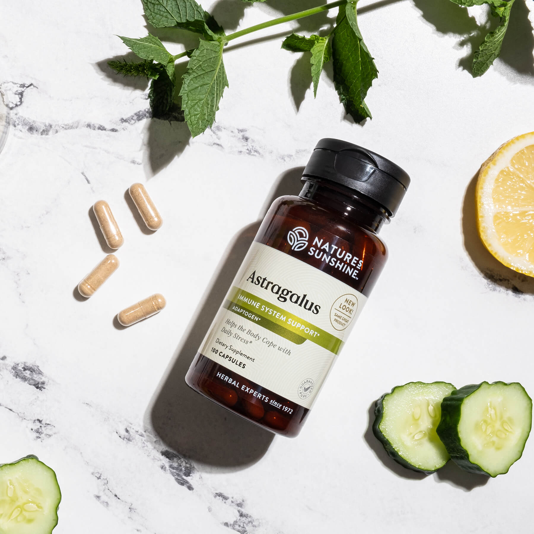 a bottle of nature 's sunshine astrogolus surrounded by cucumbers , lemons and mint leaves .