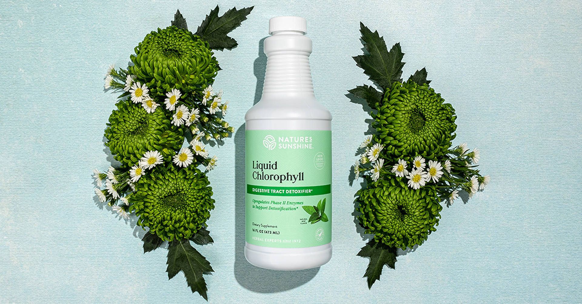 bottle of liquid chlorphyll and green flowers