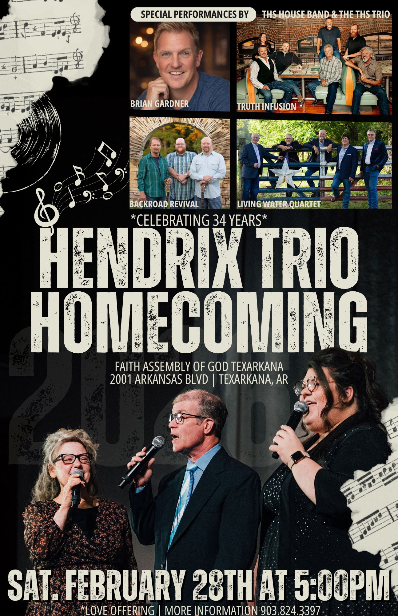 black background poster with reords. music ntes, photos of other groups and bands celebrating Hendrix Trio 34 years