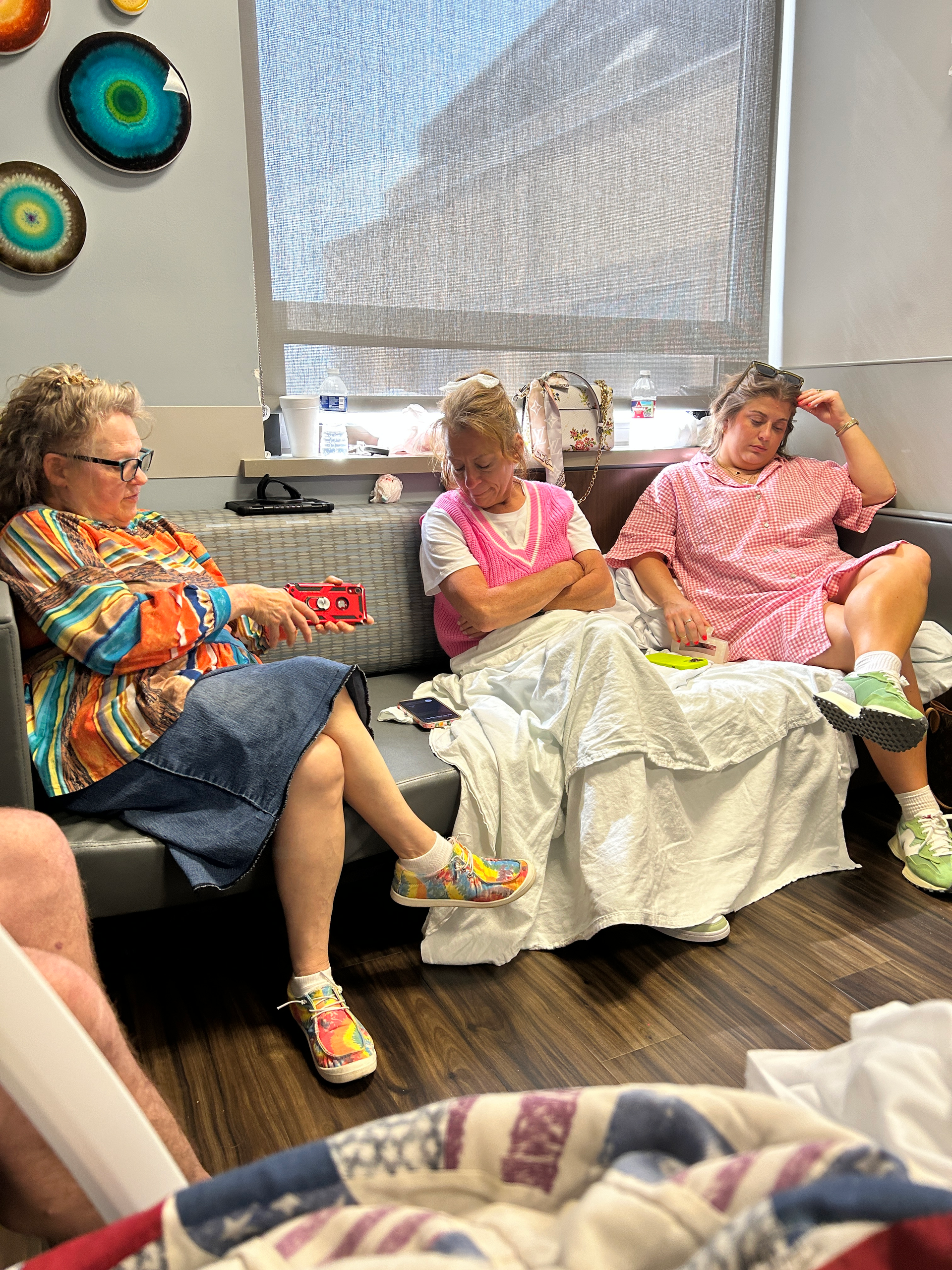 ladies chilling on couch in hospital waiting.....