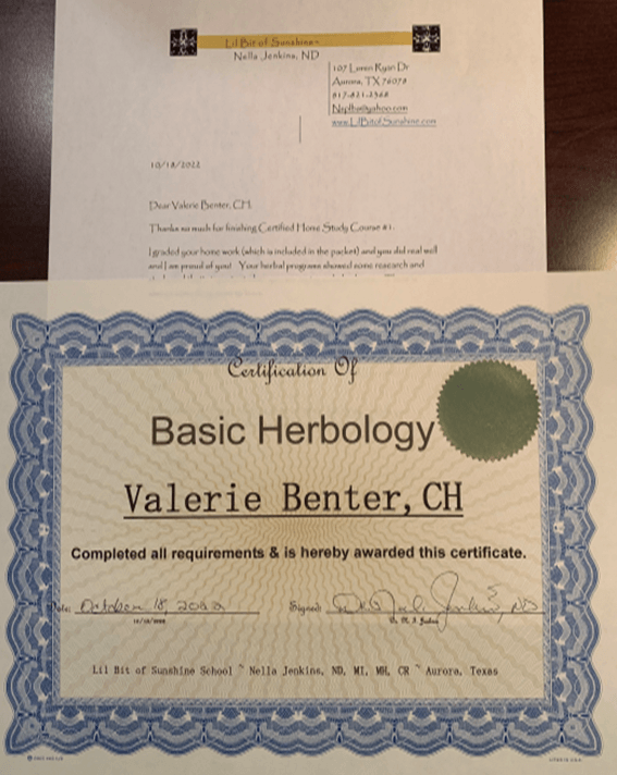 a certificate that says basic herbology valerie benter ch
