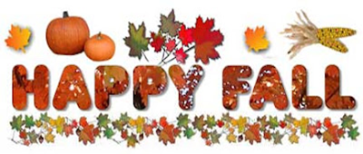 The word happy fall is surrounded by leaves and pumpkins