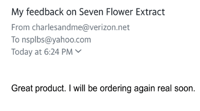 a screenshot of a message that says ' my feedback on seven flower extract '