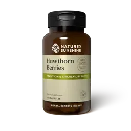 Bottle of Nature's Sunshine Hawthorn Berries capsules with a black lid, brown bottle, and white label.