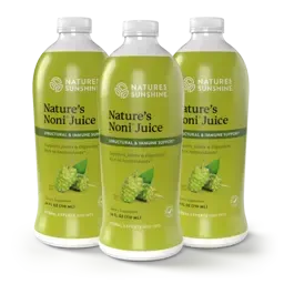 3 white bottles with green labels stating Noni Juice
