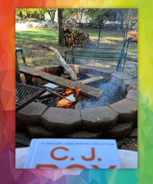 a book by c.j. dooley sits in front of a fire pit