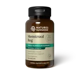 brown bottle with light colored label stating Menstrual Reg