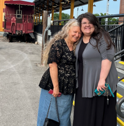 two women are posing for a picture in front of a train