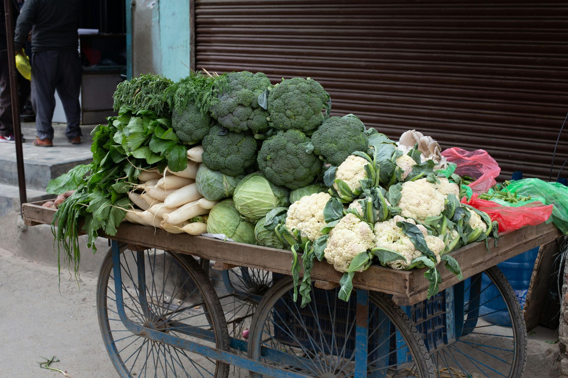 old flat bed table with big wheels heaped with fresh cruciferous vegetables