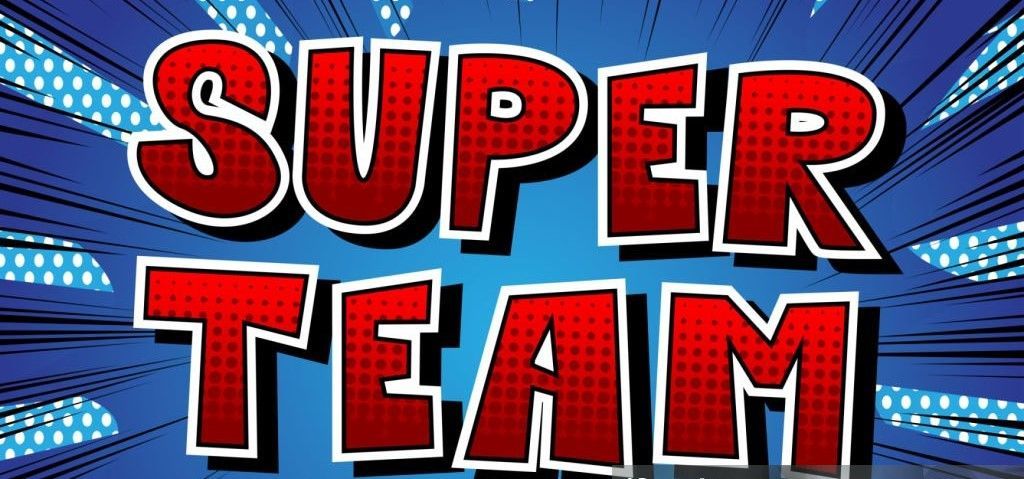 RED SIGN on blue background with sparks coming off. saying SUPER TEAM in center