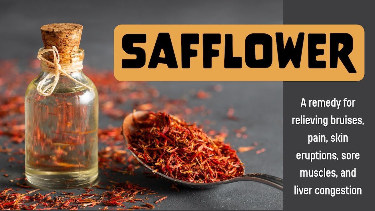 A bottle of saffron oil next to a spoon of saffron.