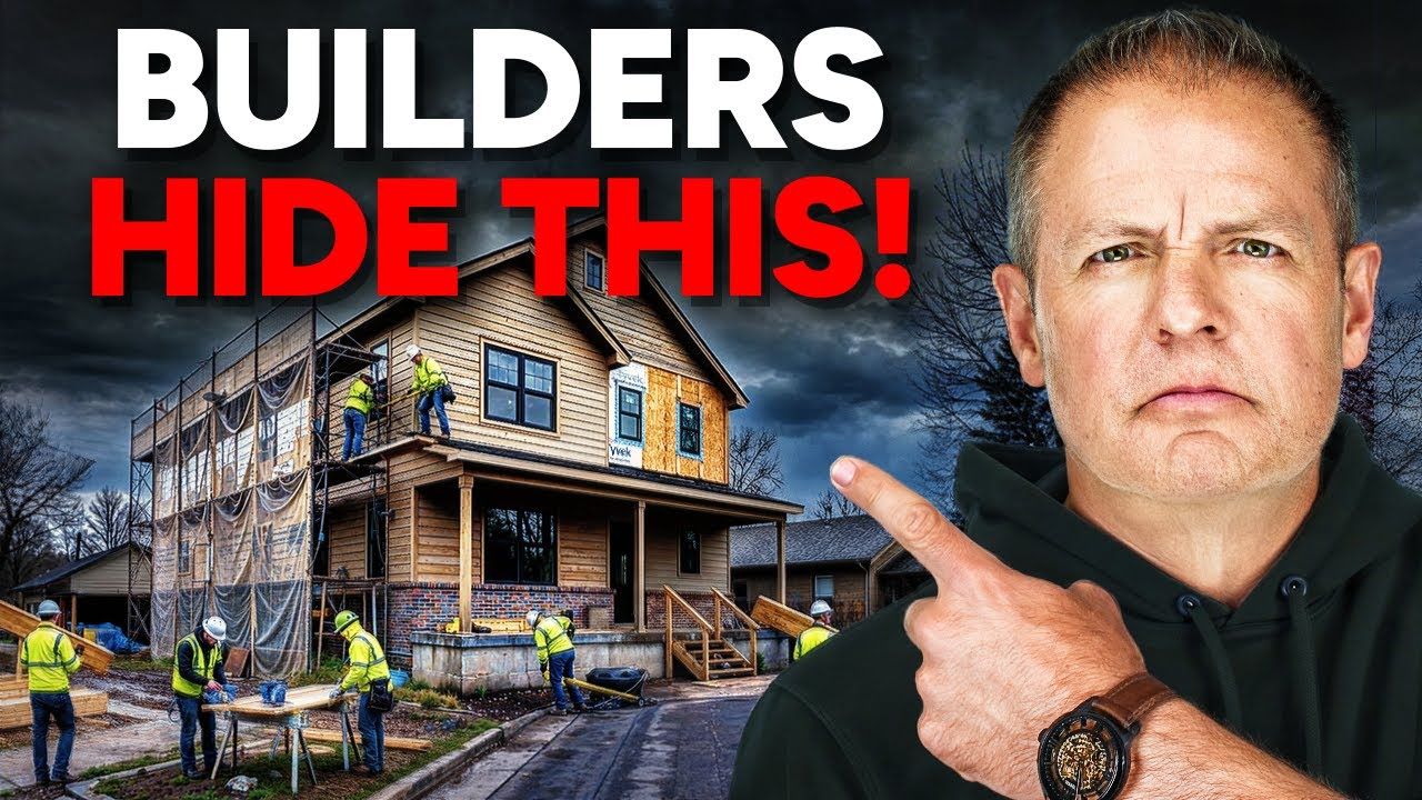 A man points toward a residential construction site under a dark, cloudy sky, with bold text reading 