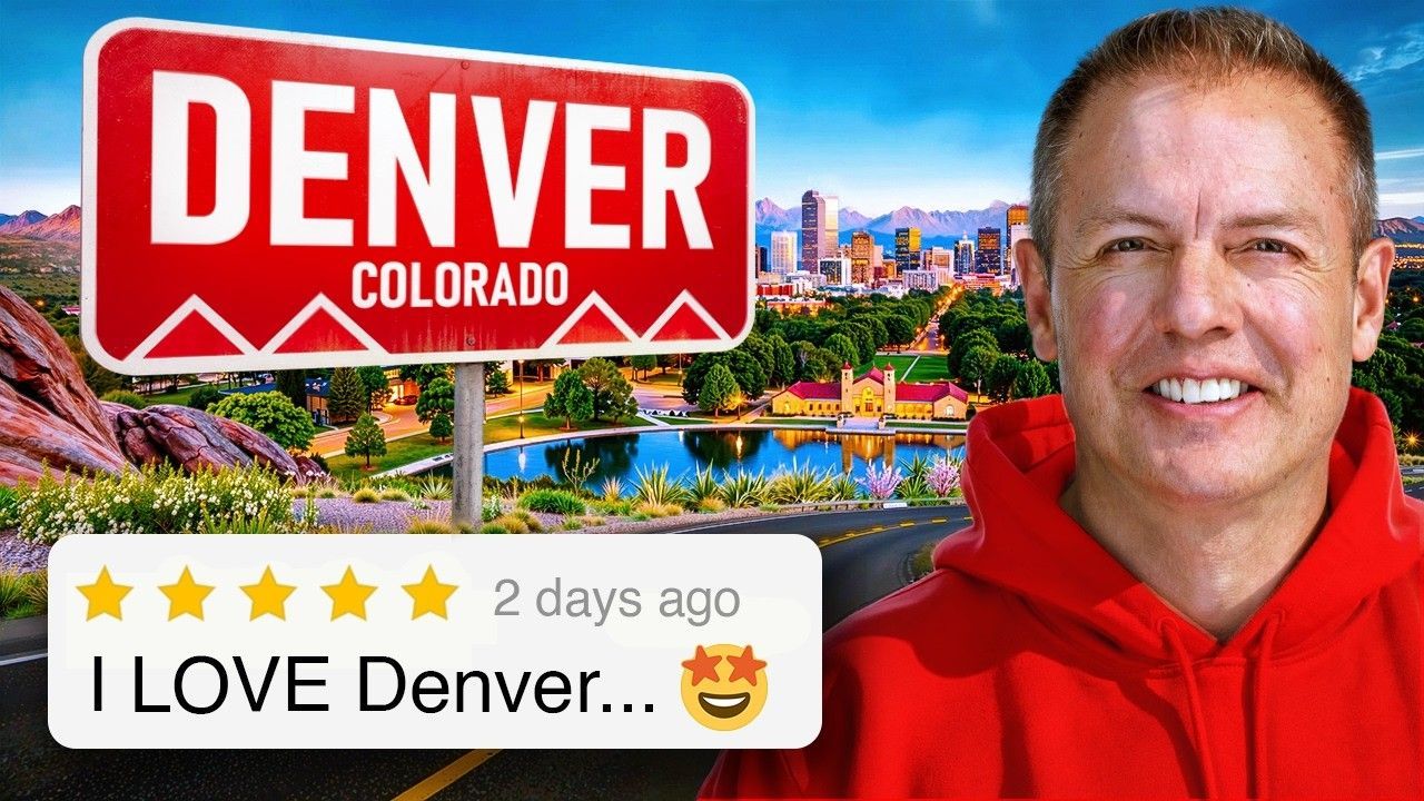 A man in a red hoodie stands before a Denver, Colorado sign and cityscape with a five-star review graphic saying 