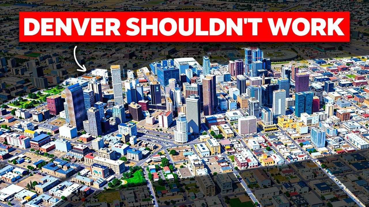 Aerial view of downtown Denver's skyline with a red banner overlay stating 