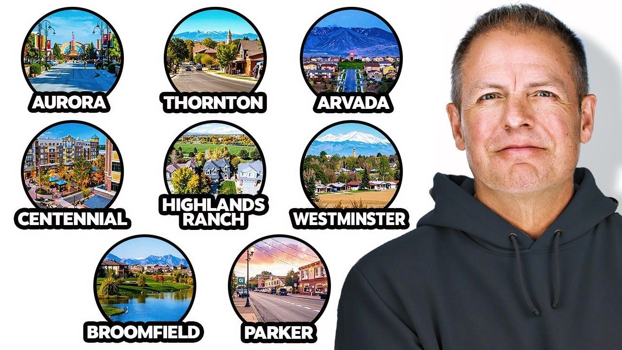 Man with nine circular town images: Aurora, Thornton, Arvada, Centennial, Highlands Ranch, Westminster, Broomfield, and Parker.