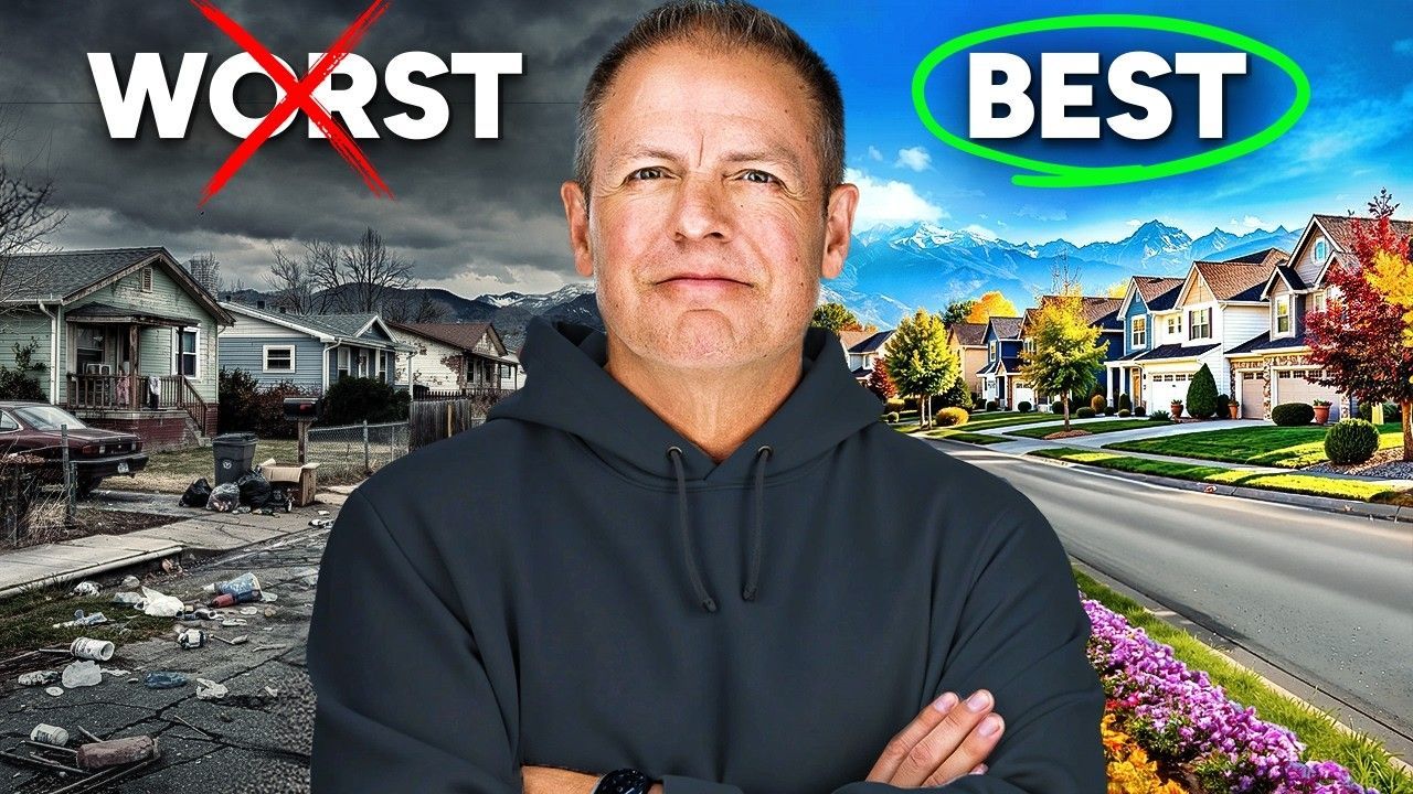 A person stands before a split background: a neglected, gloomy neighborhood labeled 