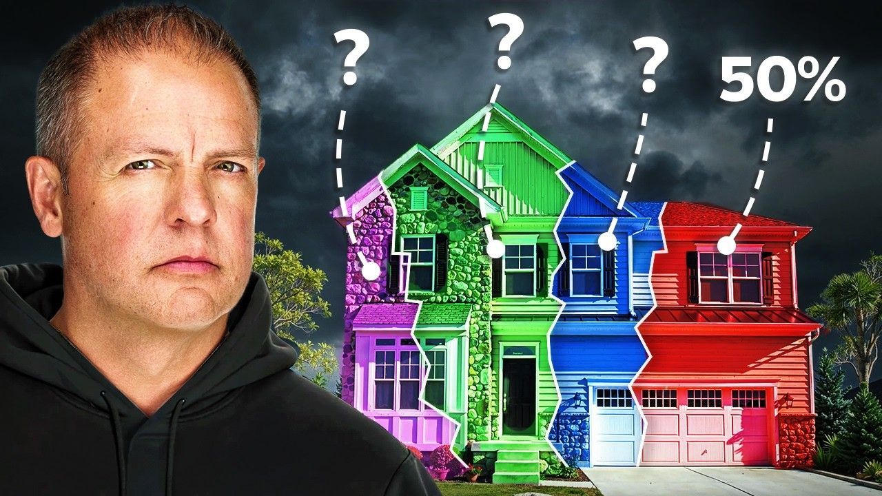 A serious man stands next to a house divided into purple, green, blue, and red sections, with question marks and 