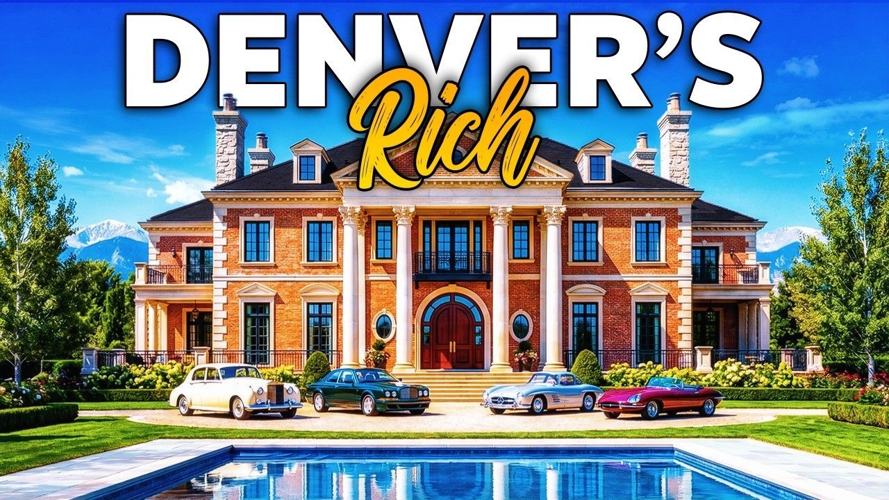 A large, multi-story brick mansion with a pool in the foreground and four classic cars parked in front.