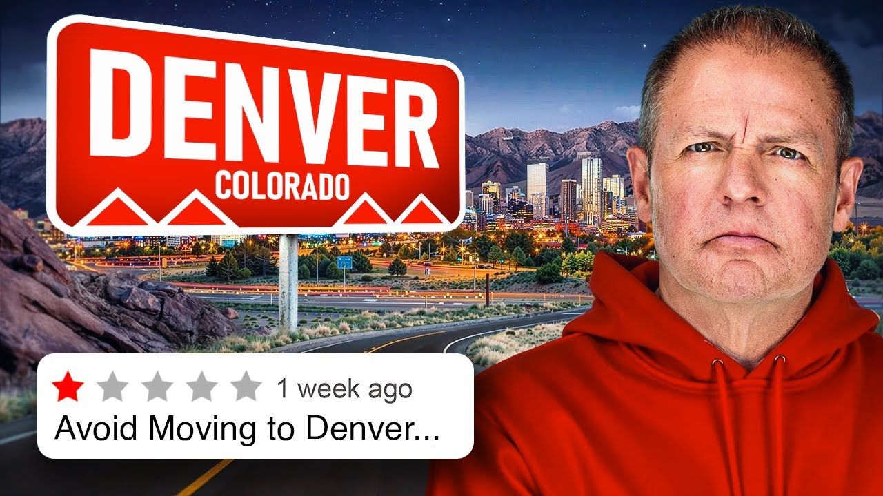 A man in a red hoodie stands before a Denver, Colorado sign and a one-star review titled 