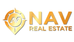 NAV Real Estate logo in gold with compass icon and stylized initials 