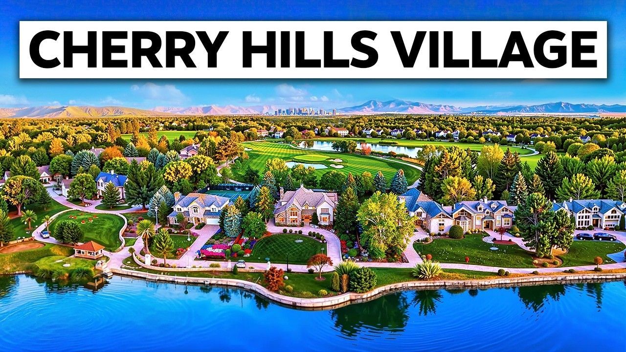 Cherry Hills Village aerial view with lakeside homes, green trees, and blue water under a bright sky