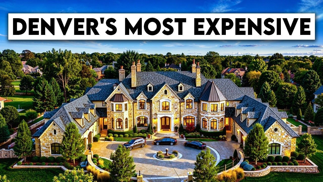 Mansion estate in Denver with manicured grounds and fountain, labeled “Denver’s Most Expensive”