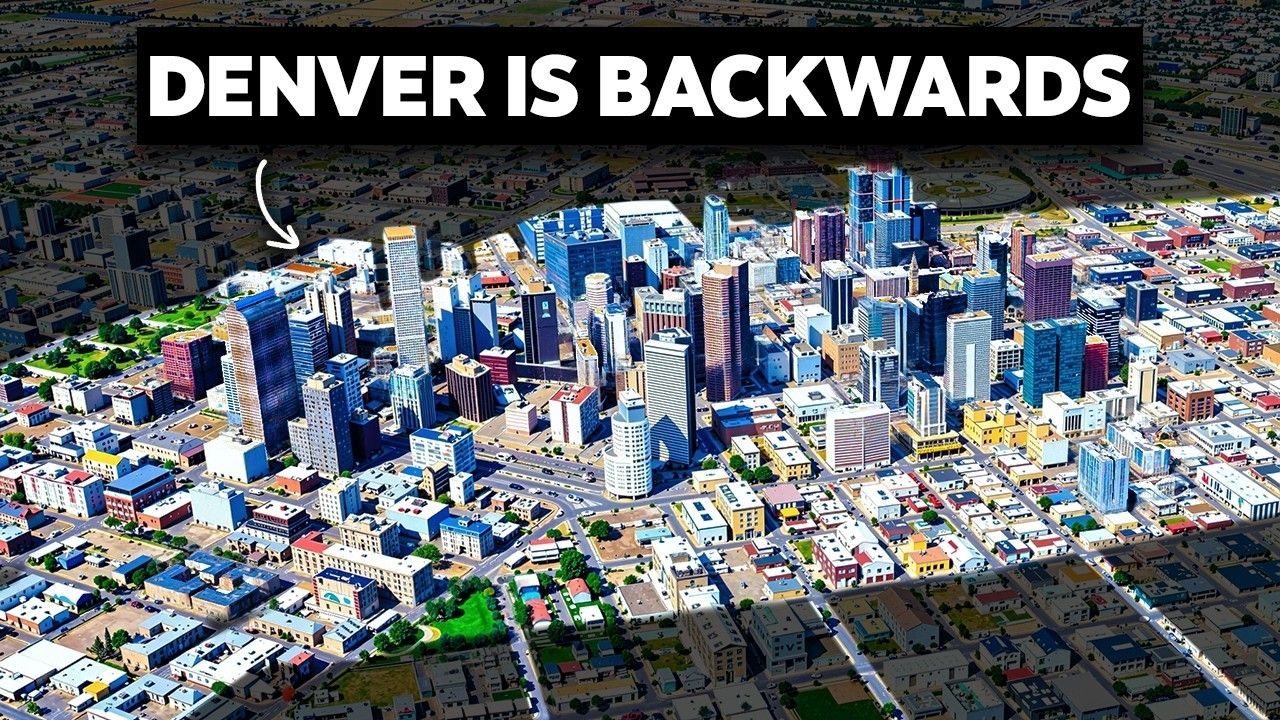 Aerial view of downtown Denver with the caption “DENVER IS BACKWARDS” over the skyline.